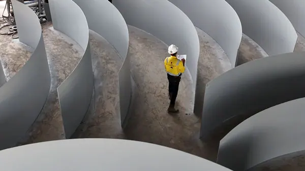 Quality control inspector examining fabricated steel plate sections at PT Rexline Engineering Indonesia